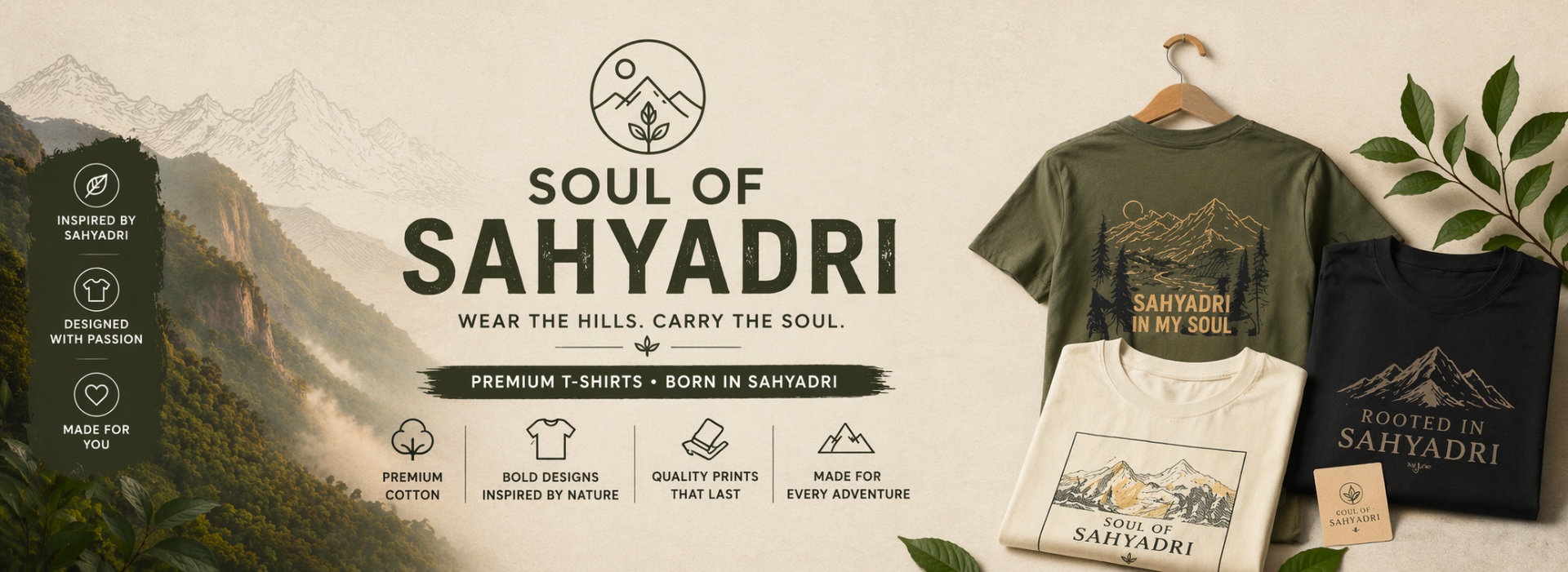 Promotional banner for 'Soul of Sahyadri' with t-shirts and a mountain background